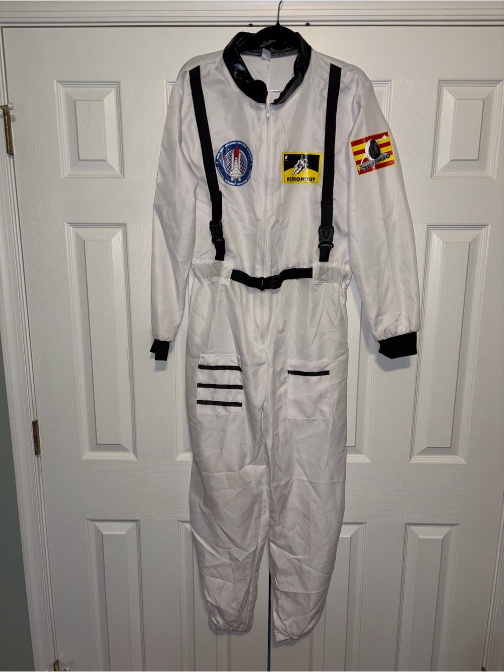 Unisex Astronaut Costume Jumpsuit White/Black Straps w/ Patches Polyester M